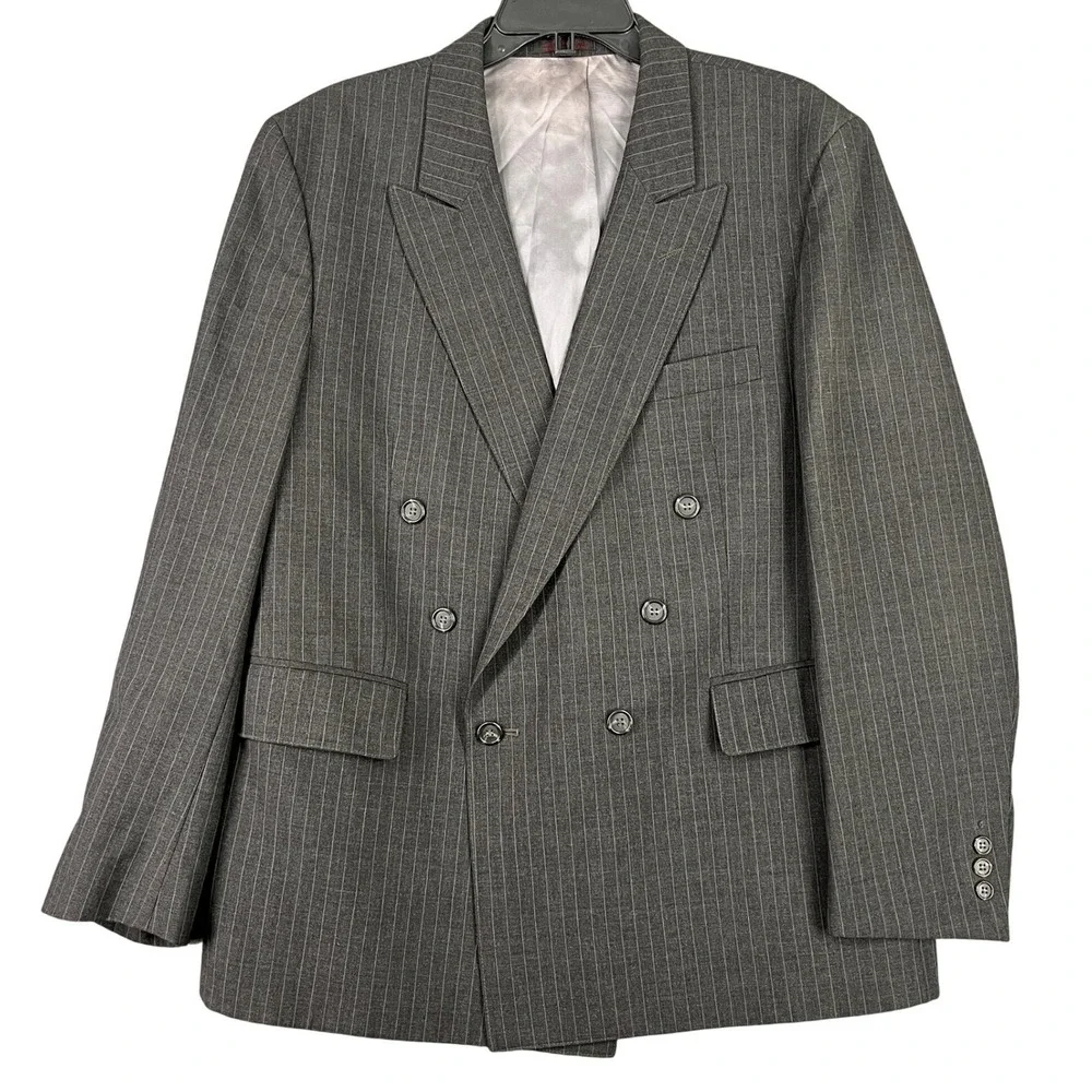 Vintage Alexander Shields Blazer Mens 44R Pinstripe Wool Double Breasted Formal